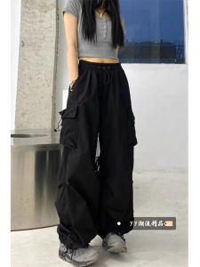 กางเกงทำงานแห้งเร็วสีดำสไตล์อเมริกันย้อนยุคสำหรับผู้หญิง กางเกงขายาวทรงหลวมสบาย ๆ สำหรับฤดูหนาวปี 2025 กางเกงขายาวทรงสปอร์ต