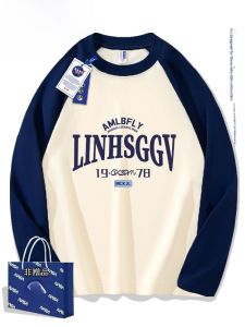 เสื้อยืดแขนยาวผ้าฝ้ายแท้สไตล์อเมริกันย้อนยุคสำหรับผู้ชาย ทรงหลวม ดีไซน์พิมพ์ลายเรขาคณิต แฟชั่นฤดูใบไม้ผลิและฤดูใบไม้ร่วง