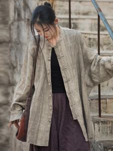 Retro Cotton Linen Open Cardigan Womens Style Buttoned Outerwear Summer New Arrival Business Casual Long Sleeve Midi Coat