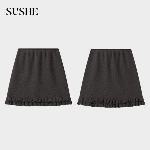 SUSHE | French Romantic Pure Wool Double-layer Ruffled Black Skirt