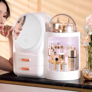 Mirror Integrated LED Large Capacity Dustproof Cosmetics Storage Box