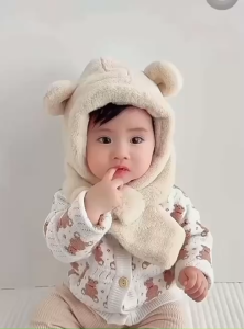 Mũ Trùm Đầu Tai Gấu Kèm Khăn Cho Bé Lông Mềm Cao Cấp Giữ Ấm Toàn Diện Mùa Đông Dễ Thương Nhiều Màu Xinh Xắn