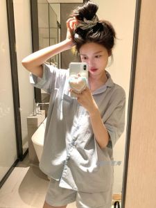 Bộ Đồ Ngủ Tay Ngắn Sọc Mùa Hè Cho Nữ Bộ Đồ Ngủ Cotton Pha Trộn Thoải Mái Bộ Đồ Ngủ Sọc Màu Tương Phản Phong Cách Hàn Quốc