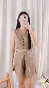 DNEMNLPH Autumn Linen Button Vest Top & Highwaist Shorts w/ Pockets Set (Trendy Korean Bangkok Inspired Coordinates Terno Fashion Garter Vneck)