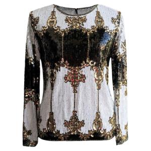 Spring New round Neck Heavy Work Sequin Embellished Slim Fit Long Sleeve Womens T-Shirt Pink Colorful Netting Detail Top