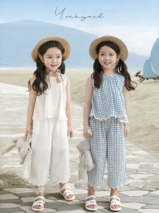 YOEHYAUL | Girls Blue Check Shirt and Straight Trousers Summer Set