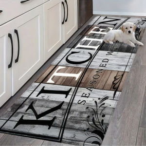 VIKAMA Retro Wood Grain Kitchen Carpet American Country Style Entrance Welcome Door Mat Easy-to-Clean Bedroom Carpet Home Decor