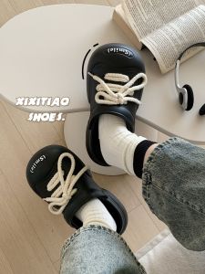 Thin Strip Student Sweet Cool Shoelace Hole Shoes Womens Summer Shit Feeling Thick Sole All-Matching Outer Wear Closed Toe Half Slippers