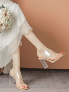 Transparent High Heels Crystal Chunky Sandals Womens Summer Outdoor Wear Versatile mid Heel Fashionable Slip-On Shoes