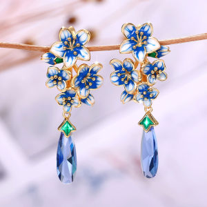 Huitan Aesthetic Blue Flower Enamel Earrings for Women Luxury Trendy Gold Color Wedding Party Romantic Lady Earrings New Jewelry