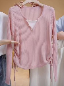 Slimming V-Neck Knitwear Long Sleeve Drawstring Base Layer Top for plus Size Women Korean Style Commute Fashion Regular Fit
