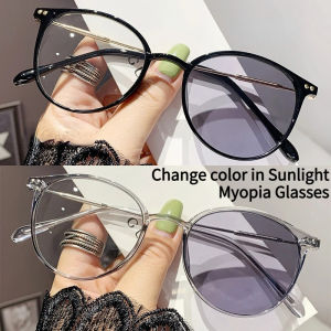 Color Changing Myopia Glasses Under Sunlight 0 To -4.0 Oval Shaped Eyeglass Frame Anti Blue Light+anti Radiation Eyeglass Lenses