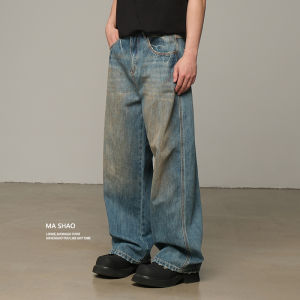 Retro American Washed Blue Mens Jeans Casual Loose Wide Leg Straight Cut Spring Fashion Cotton Polyester Blend Wear Resistant