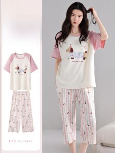 MiiOW | Áo ngủ cotton nguyên chất mùa hè cho nữ Áo cổ tròn tay ngắn quần dài đến đầu gối rộng rãi thoải mái Quần áo mặc nhà