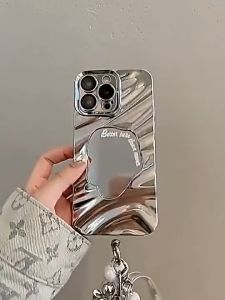 Tri-Town Make Up Mirror Case For iPhone 18 17 11 16 12 13 14 Pro Max XR X XS Max 14 Plus Shockproof Fashion Lattice Glossy Wavy Edge Silver plating Protective Cover