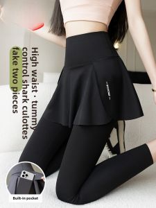 High Waist Slim Fit Yoga Leggings Womens Outerwear Spring Summer New Style Skirt Pants False Two-Piece Shark Pants