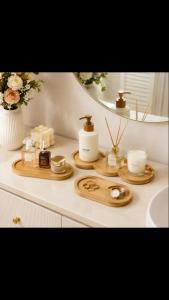 Modern Bamboo Storage Tray Decorative Holder for Bathroom Bedroom Vanity and Home Organization