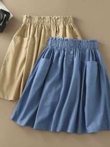 กระโปรงทรงเอผ้าฝ้ายสำหรับเด็กผู้หญิง ทรงเข้ารูป เอวสูง สไตล์เรโทร สีพื้น ฤดูร้อน 2023 กระโปรงเด็กผู้หญิงวัย 12 ปี