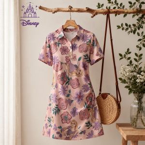Disney | Women Clothes A-line Beach Dress Womens Disney Princess Print Polo Collar Mini Dress Short Sleeve New Streetwear Fashion Kawaii