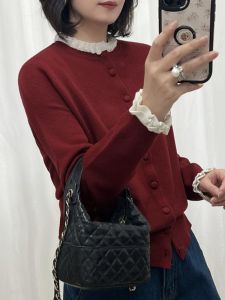 BINKAFENNY | Korean Style Red Contrast Color Lace Collar Knitted Sweater Coat Womens Autumn Winter Design Sensation 3D Flower Knitwear