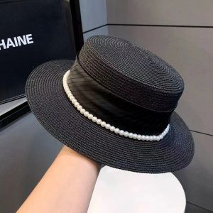 French Elegant Pearl-straw Wide-brimmed Flat Hat