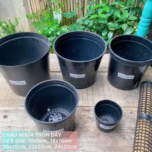 TKTVN- Set 3 Chậu tròn đen thiết kế đáy chậu có cái gờ gắng được ống trụ chuyên trồng cây dây leo size 18cm-20cm