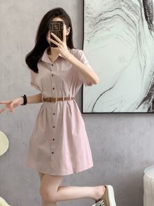 Retro French Workwear Short Sleeve Shirt Dress Women Summer Unique Design Slimming Waist Polo Collar Dress Elegant A-Line Skirt