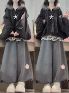XUECAIQI | 2026 Fashion Winter Set Warm Outerwear with Batwing Sleeve Fleece Lined Wide Leg Trousers