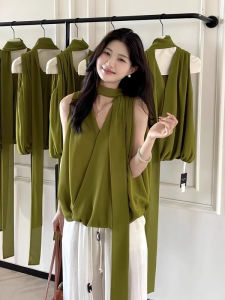 chaqi | Stylish French Design V-neck Sleeveless Vest Green Ribbon