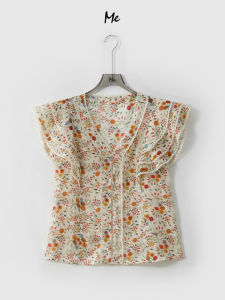 Me Home Yangs Personal Style 100% Flax Short Sleeve Floral Print Slimming Top V-Neck Loose Fit Commute Wear Summer Shirt