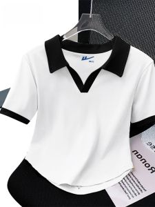 HuiLi 2025 New Summer Cotton Polo Shirt Women Short Sleeve Turn-down Collar T-shirt Trendy Brand Top Commute Style Slim Fit