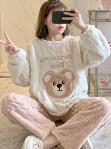 Womens Coral Fleece Pajamas Set Student Home Clothes Long Sleeve round Neck Thickened Winter Sleepwear Cartoon Print Pants