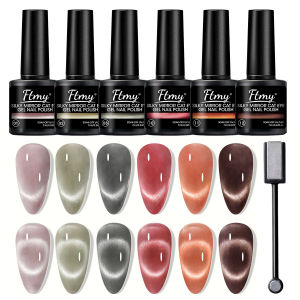 6 Piece Magnetic Cats Eye Gel Nail Polish Set - Vibrant Holographic Shades with Magnetic Wands Perfect for DIY Jelly Crystal