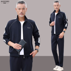 Mens Sportswear Set Dad Casual Leisure Long Sleeve Cotton Polyester Blend Moisture Wicking Breathable Two Piece Suit Autumn