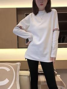 Womens Mid-Length T-Shirt with Color Block Weave Belt Fleece Lined Loose Slimming Casual Style Spring Autumn Fashion