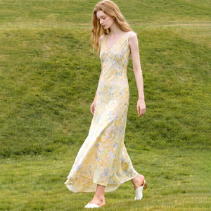 Yellow and Blue Dyed Floral Tea Dress V-Neck Sleeveless Slimming