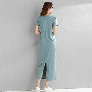 Extra-Long Cotton T-Shirt Dress for Women Loose Fit Slimming Style Big Size Pure Color Work Clothing Mid-Length Long Sleeve