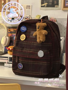 Retro American Plaid Double Shoulder Bag Womens High School College Student Backpack Travel Bag Casual Scenarios Nylon Material