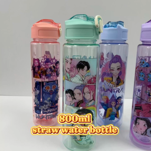 (READY STOCK) 800ml Kpop Demon Hunters Air Botol Straw Bottle Water Leak Proof Kids School 儿童小孩卡通水壶水瓶