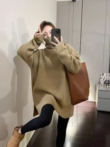 Ladies High Collar Knitted Sweater mid Length Winter Spring Fleece Solid Color Bottoming Shirt Korean Style Loose Fit Long Sleeve