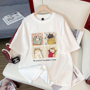 Cat Print Womens Short Sleeve T-Shirt Pure Cotton Loose Fit Summer New Style White Design Versatile Half Sleeve Top