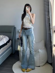 กางเกงยีนส์ทรงขาบานเอวสูงทรงสลิมฟิตสำหรับผู้หญิง สีฟ้าอ่อน ทรงยาวถึงพื้น ทรงเข้ารูป กางเกงขายาว