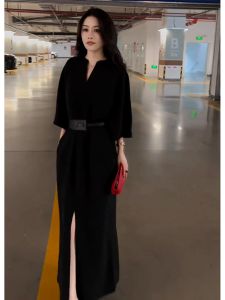 SHANGSHA | Elegant Hepburn Style Black Waist-accentuating Dress