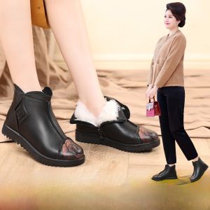 SHIPAILUO | Comfortable Warm Fleece Lined Real Leather Cotton Shoes For Elderly Women Winter Short Boots Side Zipper Flat Heel Rubber Sole