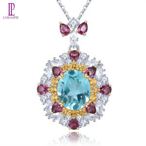 Lohaspie Jewelry Real 10 Carats Solid Sterling Silver 925 Pendant Natural Sky Blue Topaz Rhodolite Garnet Pendant Silver Pendant 925 Original Women Fashion Pendant Jewelry