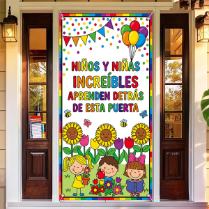 Spanish Back To School Door Banner Colorful Sunflower Kids Balloon Pattern Door Cover for Spanish Teacher School Season Decor