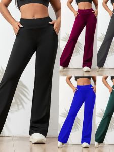 กางเกงกีฬาขากว้างหลวมๆ กางเกงโยคะวิ่งออกกำลังกาย กางเกงขายาวทรงสปอร์ตสำหรับผู้หญิง กางเกงขายาวทรงเอวสูง สไตล์ลำลอง