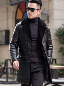 Mens Winter Leather Jacket down Coat Mid-Length Slim Fit Tailored Suit Collar Casual Outerwear Stylish Chinese Brand