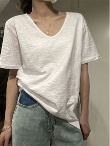 เสื้อยืดคอวีแขนสั้นผ้าฝ้ายทรงหลวมทรงสลิมฟิตสำหรับฤดูร้อน 2025 สำหรับผู้หญิง เสื้อเชิ้ตทรงหลวมสวมใส่สบาย