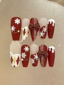 Fall Winter Christmas Red Matte Snowflake Butterfly Knot Glass Bead Nail Tips Wearable Nail Art Gentle Color Series from China